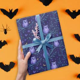 Papel De Regalo Búhos Morados Caprichosos Patrón Nocturno Bosque