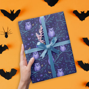 Papel De Regalo Búhos Morados Caprichosos Patrón Nocturno Bosque