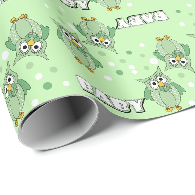 Papel De Regalo Búhos verdes del lunar para un tema de Baby Shower (Esquina del rollo)