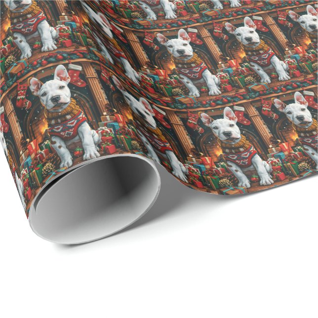 Papel De Regalo Bull Terrier con regalos de Navidad Chimenea (Esquina del rollo)
