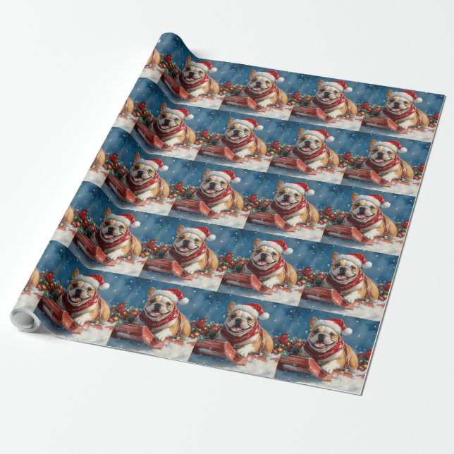 Papel De Regalo Bulldog en Sledge Let it Snow Navidades (Desenrollado)