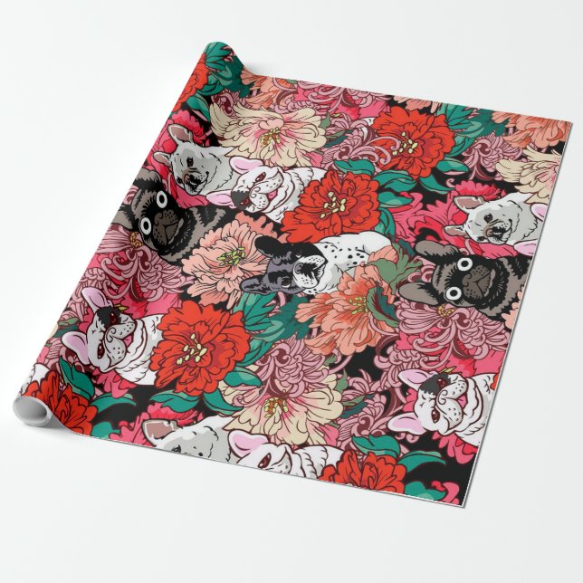 Papel De Regalo Bulldog francés Bloom | Regalo por el Día de la In (Desenrollado)