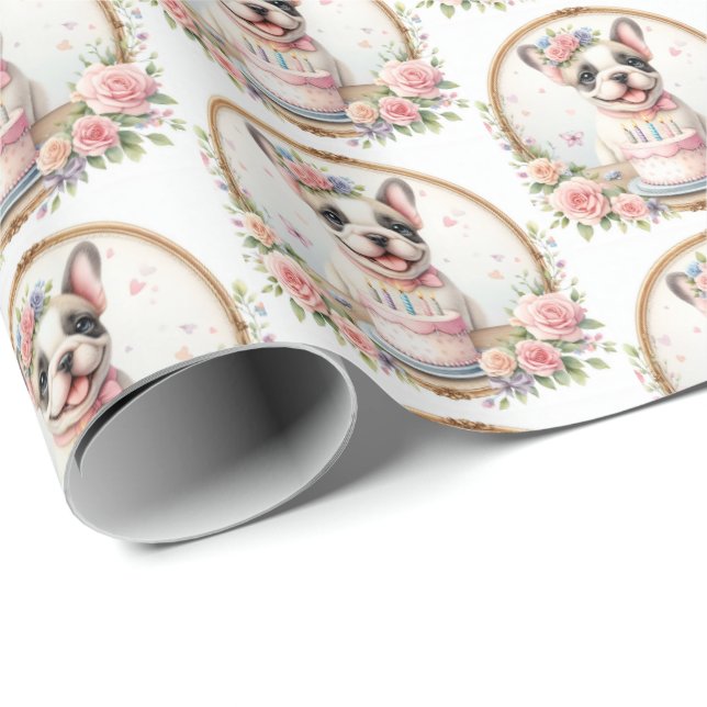 Papel De Regalo Bulldog francés "Cute Pastel" - Cumpleaños (Esquina del rollo)