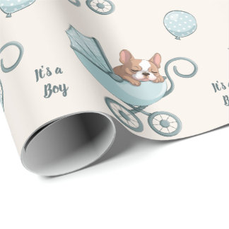 Papel De Regalo Bulldog Francés en Cochecito de Bebé Azul Fiesta d