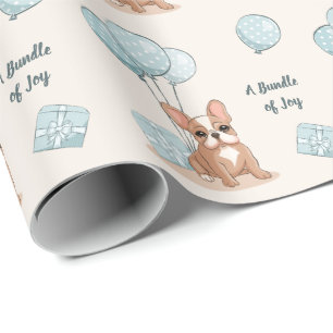 Papel De Regalo Bulldog Francés en Globo Azul Cumpleaños Niño Baño
