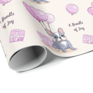 Papel De Regalo Bulldog Francés en Globo Rosa Cumpleaños Niña Baño