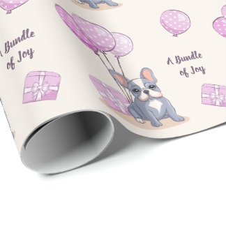 Papel De Regalo Bulldog Francés en Globo Rosa Cumpleaños Niña Baño