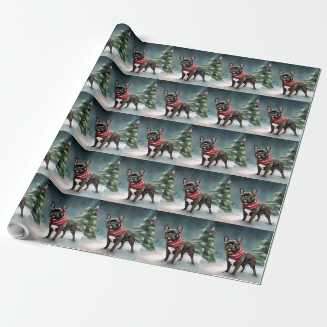 Papel De Regalo Bulldog francés en Navidades de nieve (Desenrollado)