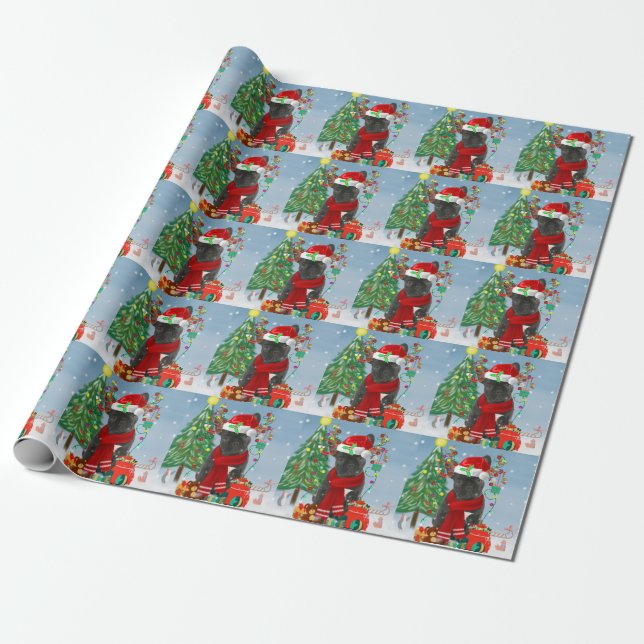Papel De Regalo Bulldog francés en nieve con regalos de Navidades (Desenrollado)