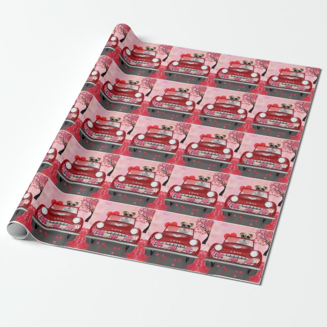 Papel De Regalo Bulldog inglés conduciendo auto con corazón de San (Desenrollado)