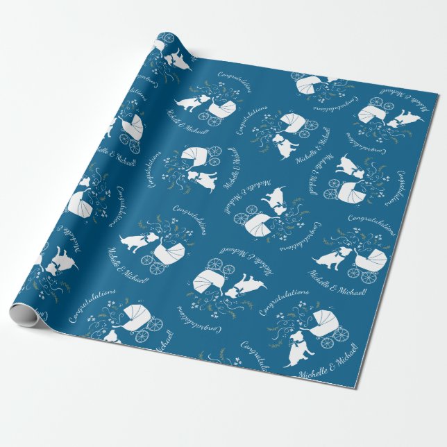 Papel De Regalo Bulldog Pit Baby Shower Blue Boy Pitbull (Desenrollado)