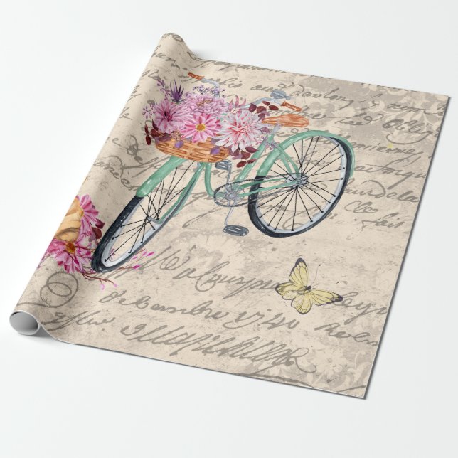 Papel De Regalo Bulldog Vintage Floral Bicicleta Ephemera Descarga (Desenrollado)
