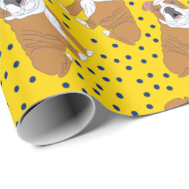 Papel De Regalo Bulldoges ingleses con estampado amarillo y azul