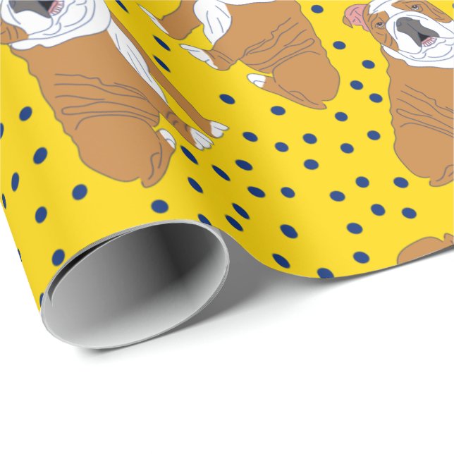 Papel De Regalo Bulldoges ingleses con estampado amarillo y azul (Esquina del rollo)