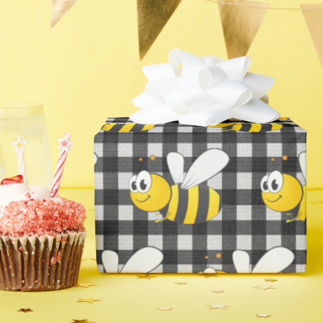 Papel De Regalo Bumblebee En Gingham (Fiesta de cumpleaños )