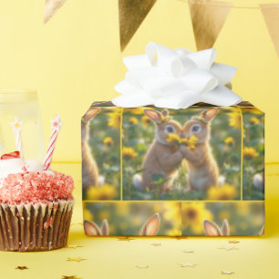 Papel De Regalo Bunnies oliendo un girasol amarillo