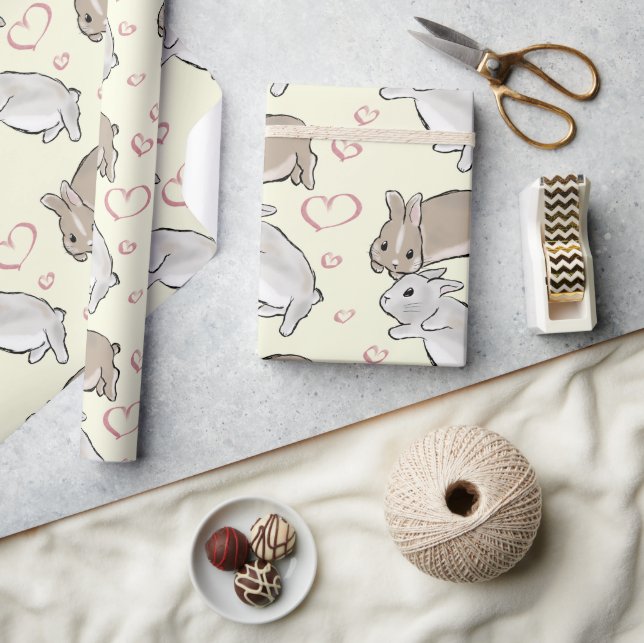 Papel De Regalo Bunnies with hearts yellow  (Artesanía)