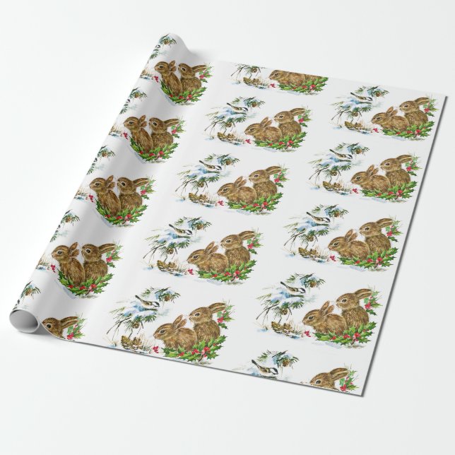 Papel De Regalo Bunnies y pájaros disfrutan de Navidades de nieve (Desenrollado)