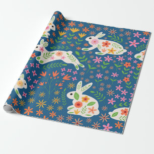 Papel De Regalo Bunnios blancos con flores de colores brillantes