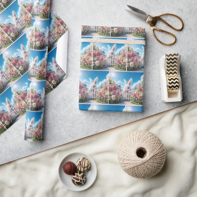 Papel De Regalo Bunny blanco en un jardín de primavera (Artesanía)