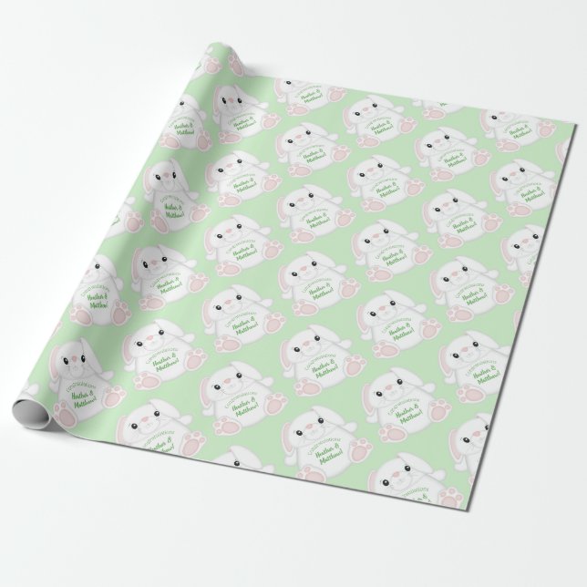 Papel De Regalo Bunny Rabbit Baby Shower Green (Desenrollado)