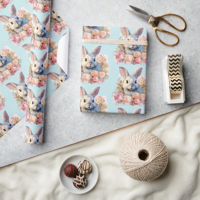 Papel De Regalo Bunny with a Garland of Roses Cute Pattern (Artesanía)