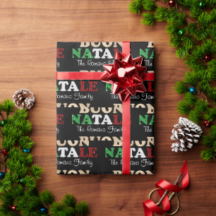Papel De Regalo Buon Natale Apellido Navidad Italiana en Negro