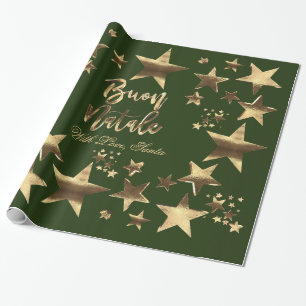 Papel De Regalo Buon Natale Stars Green Gold Script Navidades