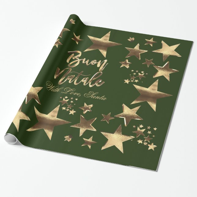 Papel De Regalo Buon Natale Stars Green Gold Script Navidades (Desenrollado)
