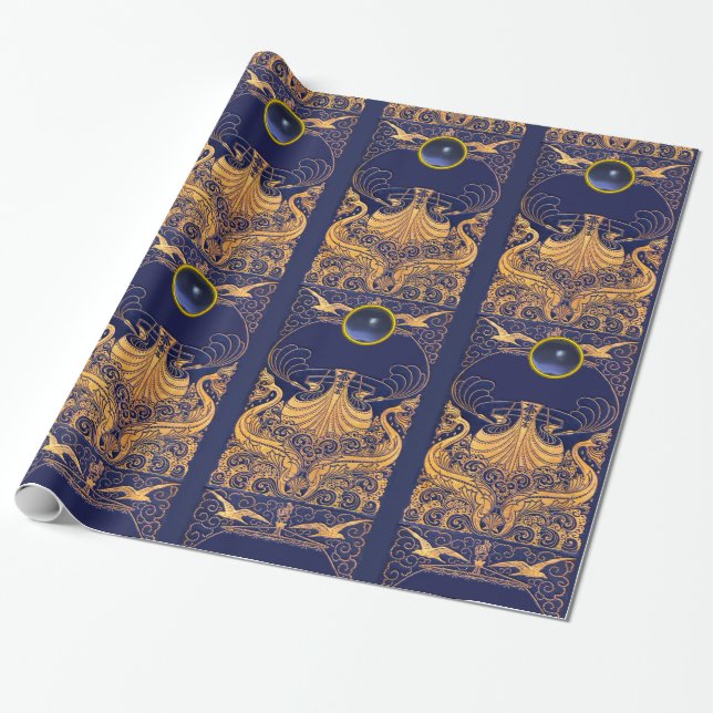 Papel De Regalo Buque antiguo, delfines, oro, azul marino (Desenrollado)