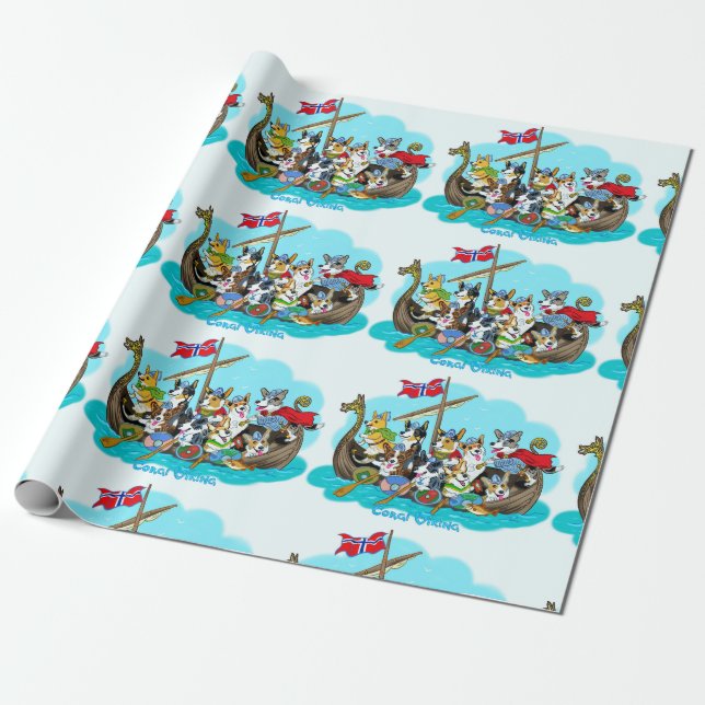 Papel De Regalo Buque viking lleno de Corgis (Desenrollado)