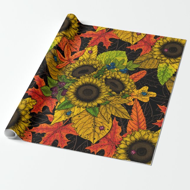 Papel De Regalo Buquet de otoño sobre negro (Desenrollado)