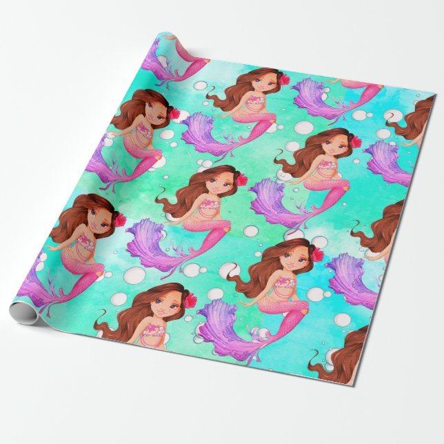 Papel De Regalo Burbujas de pelo oscuro de sirena regalo azul bril (Desenrollado)