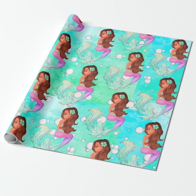 Papel De Regalo Burbujas de sirena azul Pink Dark Hair Bright (Desenrollado)