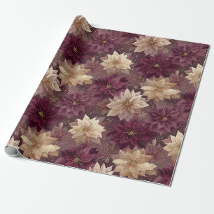 Papel De Regalo Burgundy Brillo Oro Copo de Nieve Glam Invierno