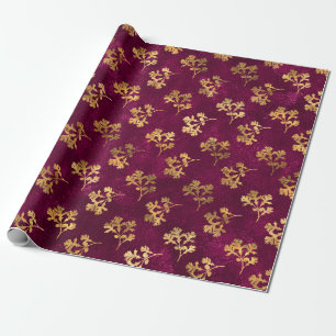 PAPEL DE REGALO BURGUNDY CON HOJAS DE PARSLEY DE ORO