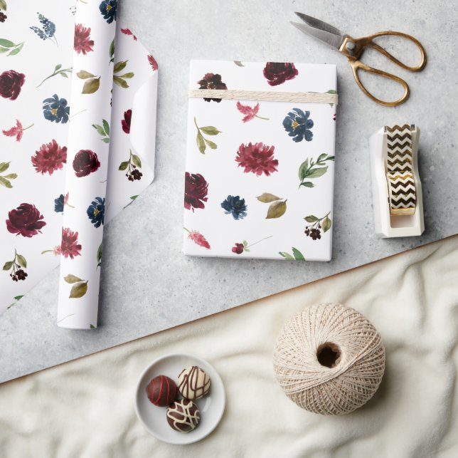 Papel De Regalo Burgundy Floral Elegante Rústico Apreciable Acuare (Artesanía)