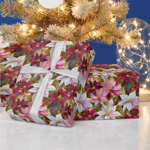 Papel De Regalo Burgundy Oro Bronce Rosa Rojo Blanca Flor de Pascu