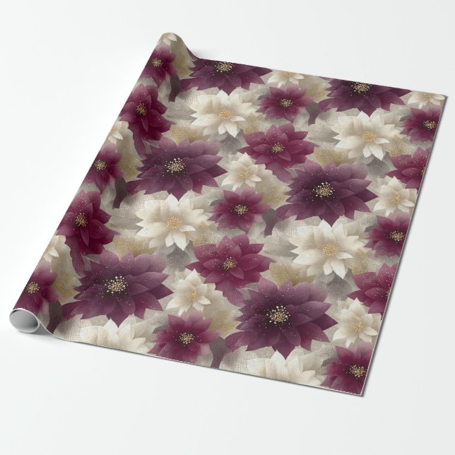 Papel De Regalo Burgundy Poinsettia Christmas Pattern (1) (Desenrollado)