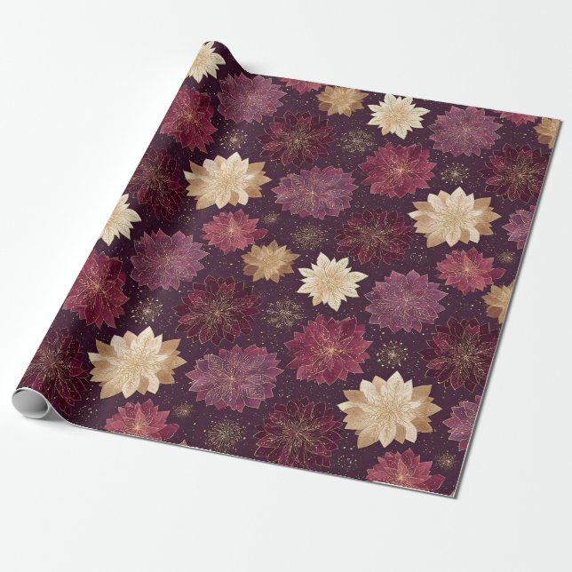 Papel De Regalo Burgundy Poinsettia Christmas Pattern (3) (Desenrollado)
