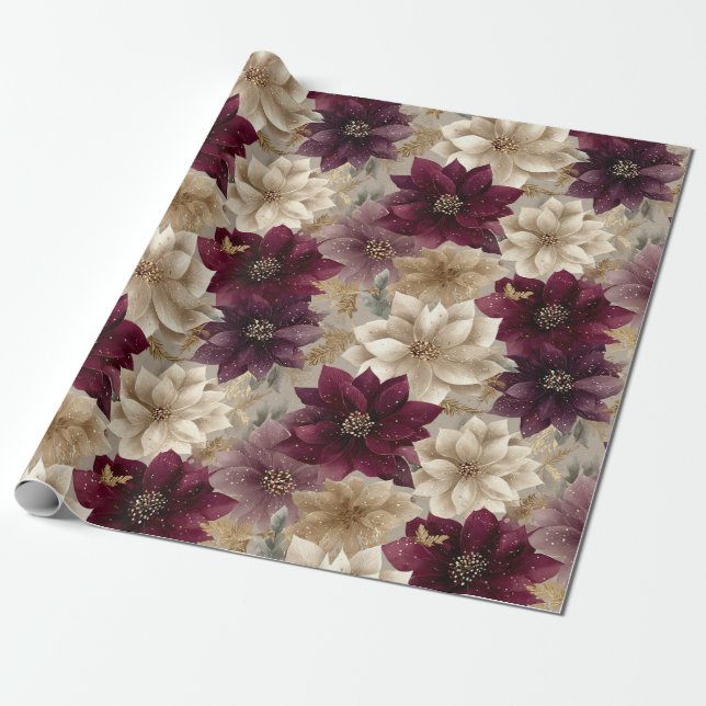 Papel De Regalo Burgundy Poinsettia Christmas Pattern (5) (Desenrollado)