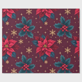 Papel De Regalo Burgundy Poinsettia & Gold Snowflake Dark Feminine
