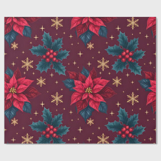 Papel De Regalo Burgundy Poinsettia & Gold Snowflake Dark Feminine