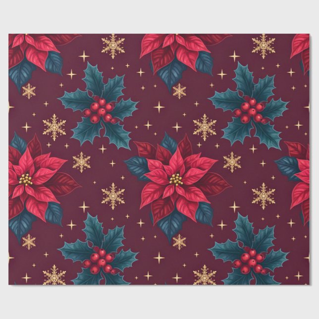 Papel De Regalo Burgundy Poinsettia & Gold Snowflake Dark Feminine (Superficie plana)