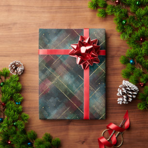 Papel De Regalo Burgundy Rojo Azul Verde Plaid Navidad de Oro