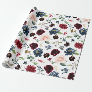 Papel De Regalo Burgundy Watercolor Marina Roja Floral Boho Boda