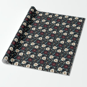 Papel De Regalo Burgundy y marfil floral sobre negro