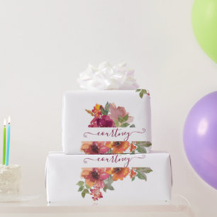 Papel De Regalo Burgundy y naranja floral personalizado de acuarel