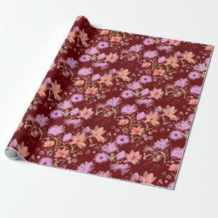 Papel De Regalo Burgundy y Rosa Desvaído Patrón Floral Vintage