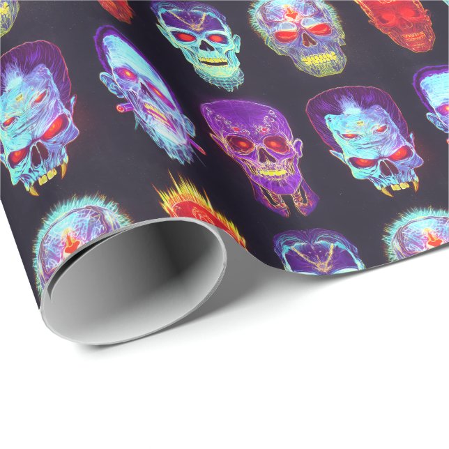 Papel De Regalo Burning Skull Grid - Neon Zombie Glow (Esquina del rollo)